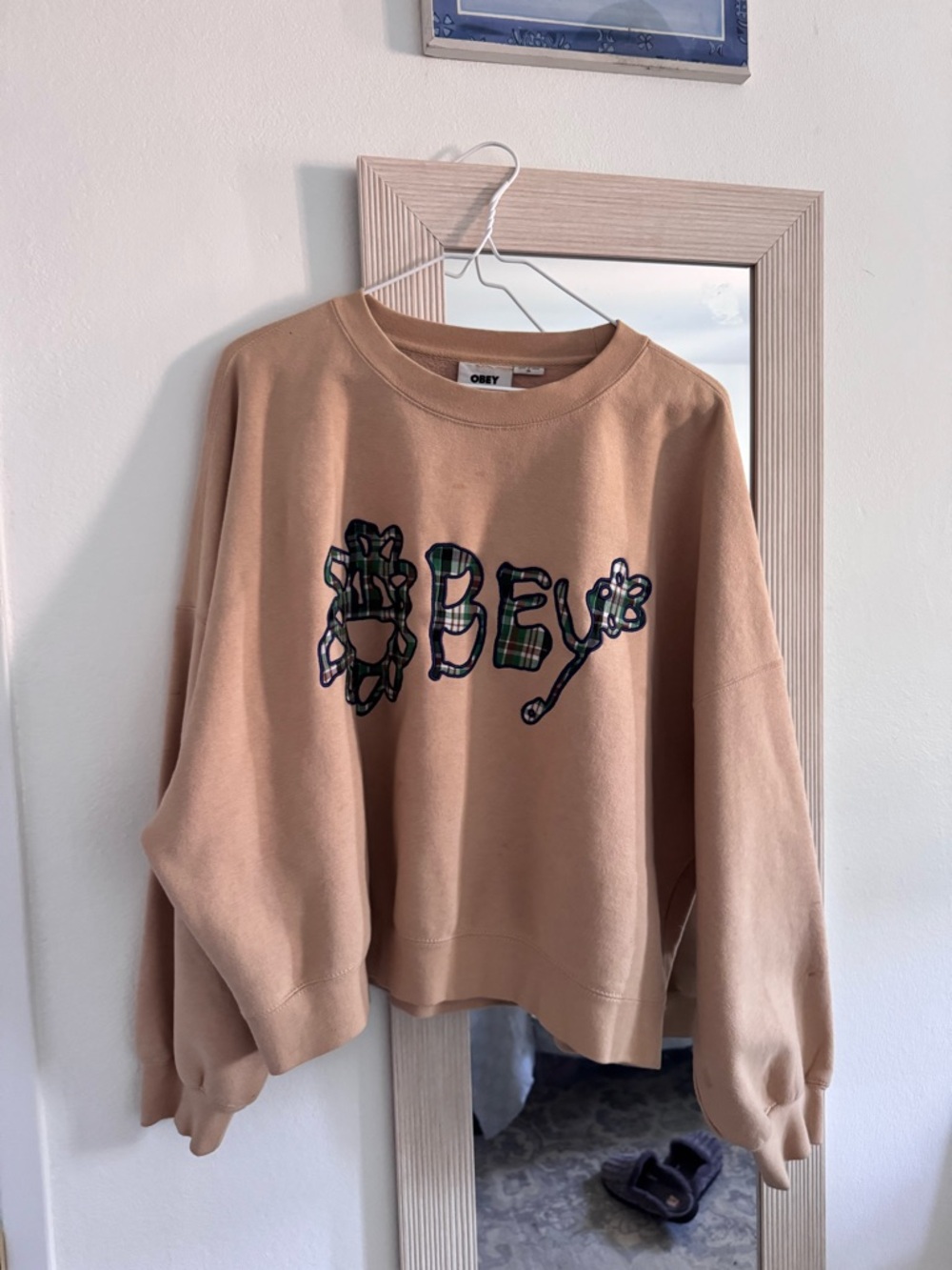 Obey Vintage Beige Crewneck Sweatshirt with Plaid Logo